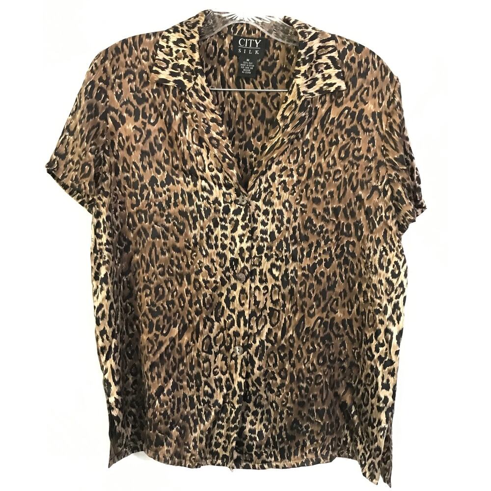 City Silk Blouse Medium Womens Silk Leopard Cheetah Animal Print Short Sleeve M